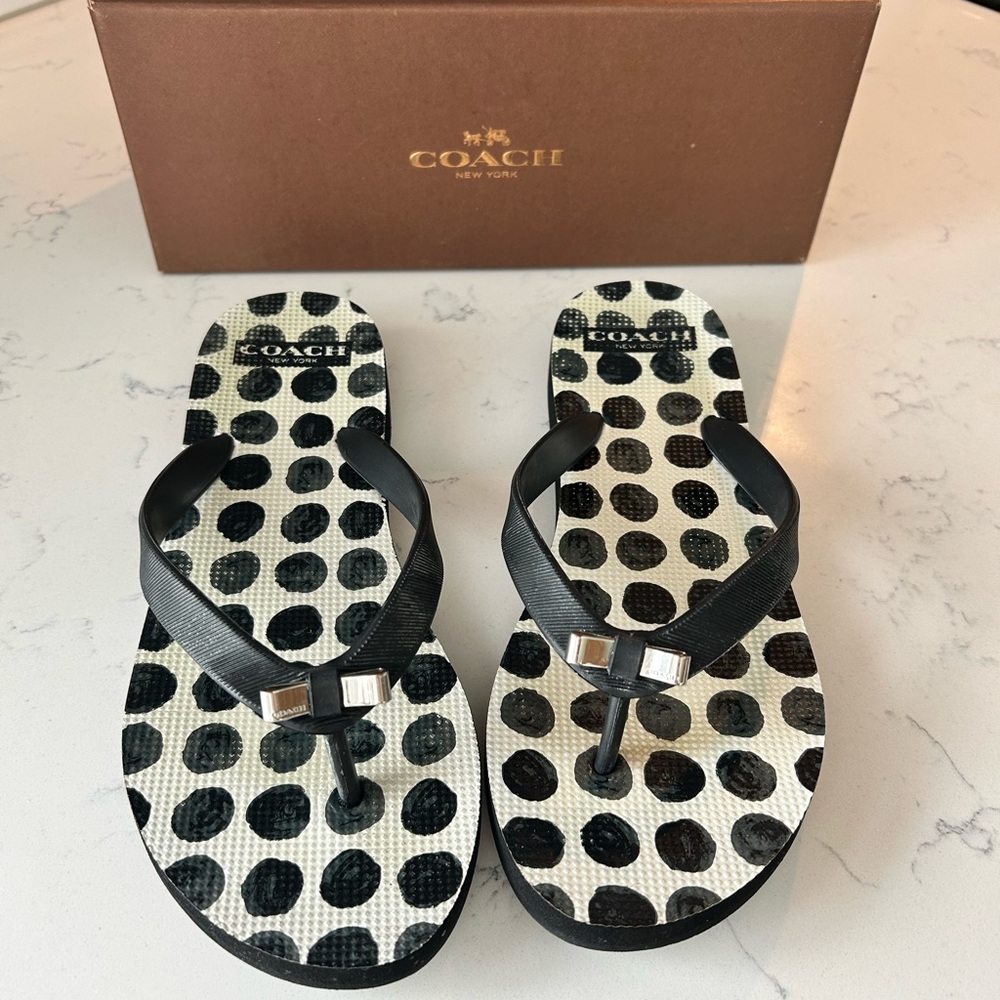 Coach Black Dot Print Flip Flops w/box